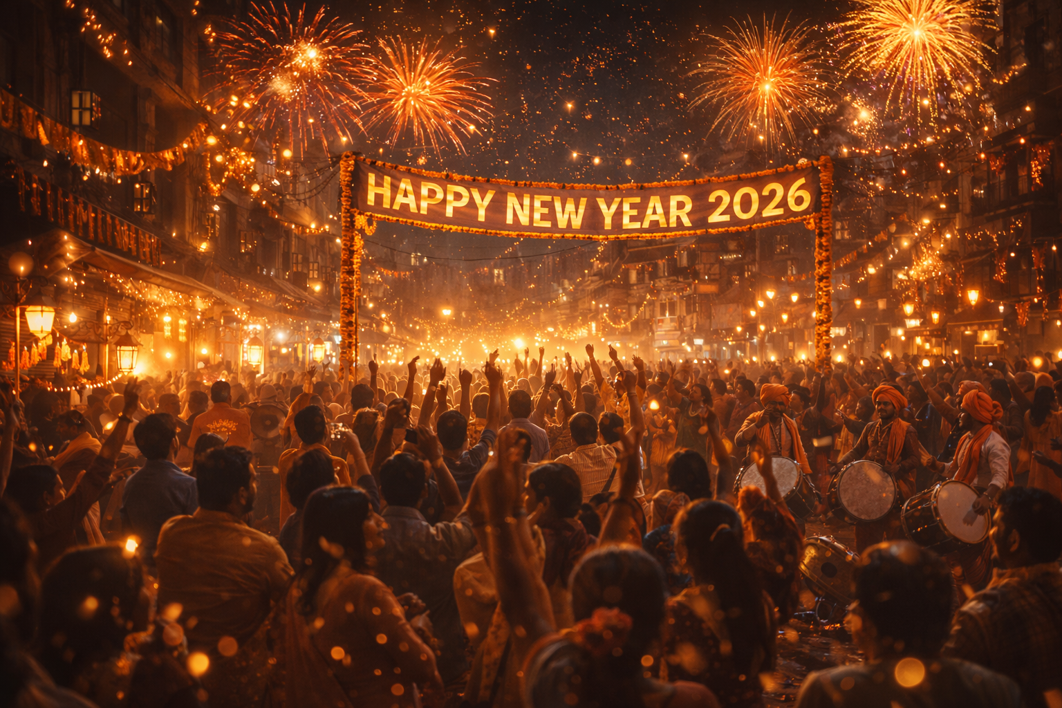Indian street crowd celebrating New Year 2026 with fireworks banner, AI prompt inspiration image."