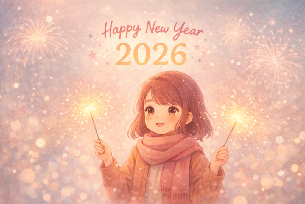Soft pastel illustration of a girl holding sparklers, 'Happy New Year 2026' text in gentle aesthetic style.