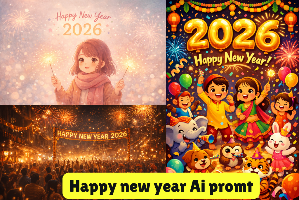 "Happy New Year 2026 celebration concept collage with AI prompt theme, featuring golden 2026 balloons, festive Indian crowd, fireworks, and joyful kids with animals.