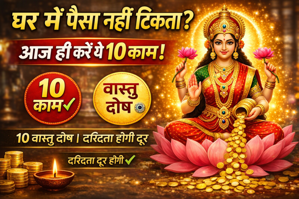 Indian home interior background with subtle Vastu symbols, diya and coin stacks, bold Hindi text about removing 15 Vastu defects to stop money loss,